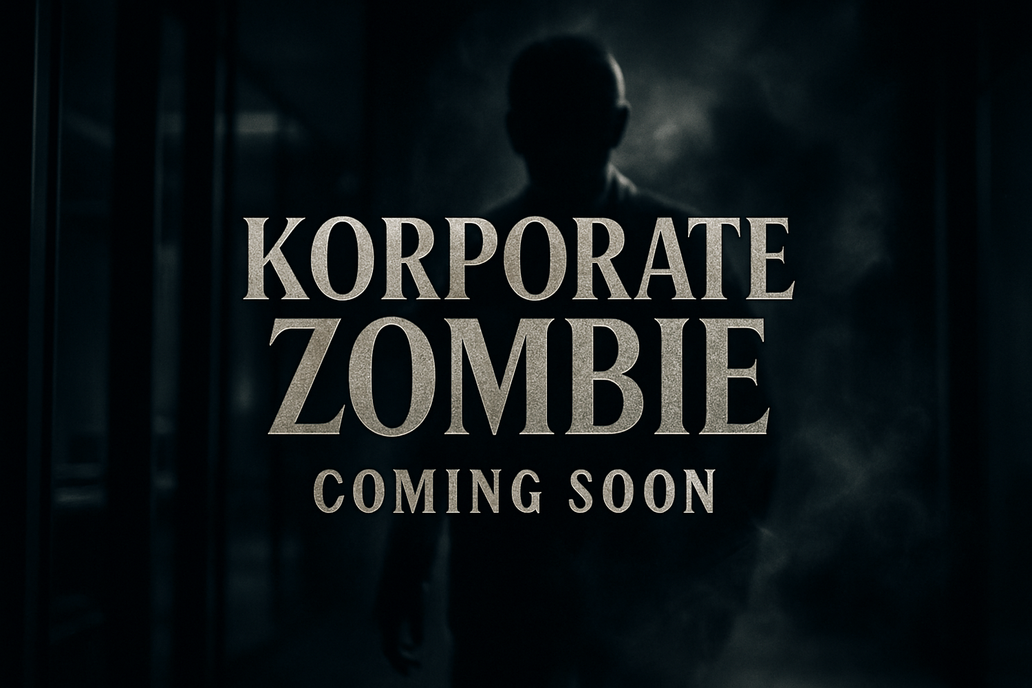 Image of big brand launching soon, text "Korporate Zombie Coming Soon" it should be attractive cinematic hd, like a brand launching 